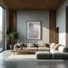 Fototapeta premium elegant modern furniture, geometric patterns on the walls, monochrome colors Generated AI