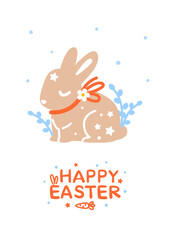 Greeting card with Easter rabbit isolated on white background for Your spring holiday design