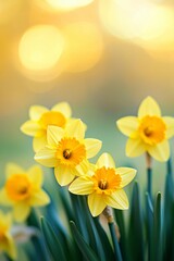 Obraz premium Beautiful yellow narcissus flowers blooming in spring sunlight 
