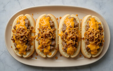 nice beige plate with 4 philly cheesesteak sandwiches with orange cheddar sauce, caramelized onions, no bell peppers top view
