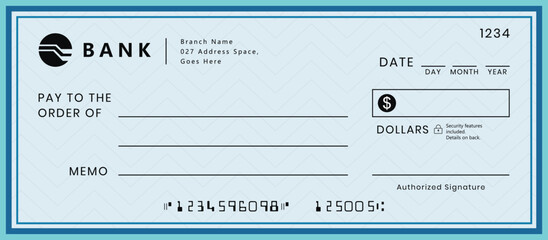 Blank money cheque. Bank check. Blue Check book template with pattern and empty fields. Currency payment coupon, US dollar check background.