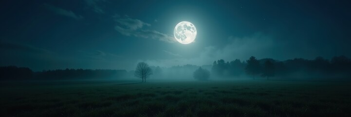 Fototapeta premium A serene night landscape featuring a luminous full moon illuminating a misty field, surrounded by shadowy trees, evoking tranquility and mystery.