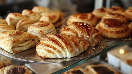 Glass display filled with flaky pastries