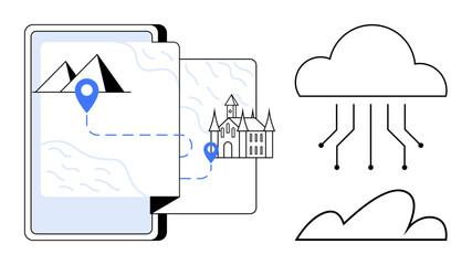 Smartphone screen with mountain and castle routes, digital pin, cloud computing, and data sharing lines. Ideal for travel, location services, navigation, tourism, connectivity technology flat