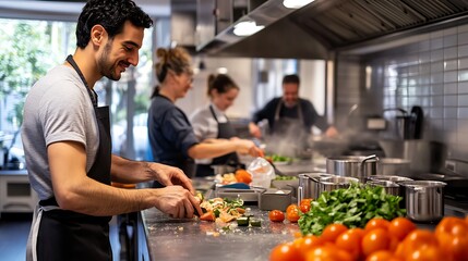 Friendly instructor in a neat kitchen guiding a small group as they chop ingredients at a shared counter emphasizing hands on learning and culinary fun
