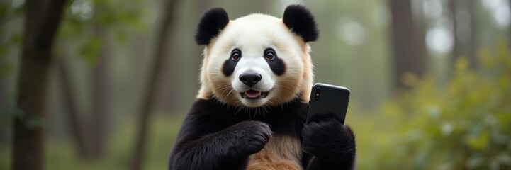 Fototapeta premium A playful panda holding a smartphone, showcasing a humorous blend of wildlife and technology in a lush forest setting.