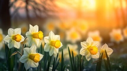 Obraz premium Beautiful yellow narcissus flowers blooming in spring sunlight 