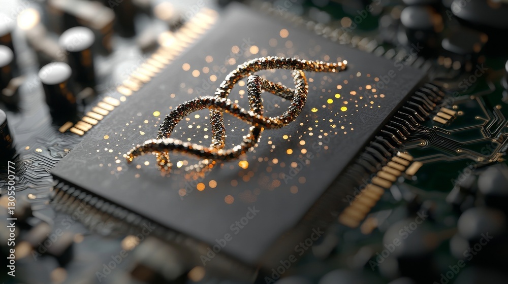 Poster emerging from a microchip, a futuristic digital dna helix is enveloped by binary code and luminous c