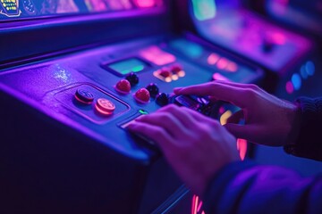 Close-up of hands playing a retro arcade game with vibrant purple and pink neon lights.