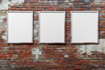 Series of three blank posters aligned on a textured brick wall for minimalist design mockup purposes and modern aesthetic presentation in creative spaces