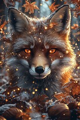 Fototapeta premium A red fox in the snow surrounded by leaves and pumpkins