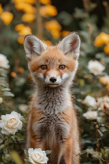 Obraz premium A small red fox standing in a field of flowers