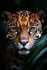 Obraz premium A close up of a jaguar's face in the dark