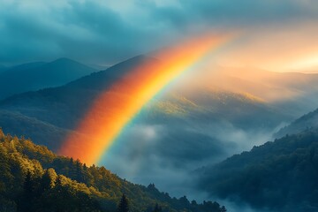 A vibrant rainbow arches over a misty mountain valley at sunrise.