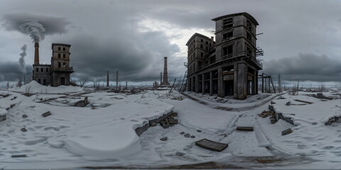 Full 360 degrees seamless spherical panorama HDRI equirectangular projection of the icy post-apocalyptic world. Texture environment map for lighting and reflection source rendering 3d scenes.