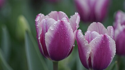 Fototapeta premium Morning tulips at dawn in dew.