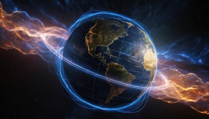 Global Connectivity Concept: Earth with Energetic Flowing Light Streams