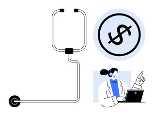 Stethoscope, dollar sign symbolizing medical costs, woman doctor with a headset on laptop. Ideal for telemedicine, billing, healthcare budget, financial advice, virtual care, insurance support flat