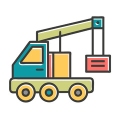 Naklejka premium Colorful cartoon crane truck lifting cargo, construction fun