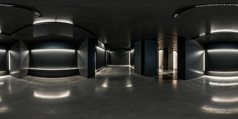 Full 360 degrees seamless spherical panorama HDRI equirectangular projection of minimalist interior with black walls. Texture environment map for lighting and reflection source rendering 3d scenes.