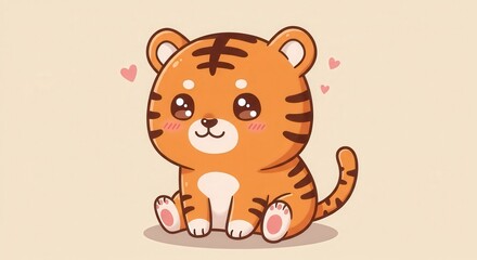 Obraz premium Cartoon Tiger Cub Sitting Sweetly with Hearts for Children's Illustration