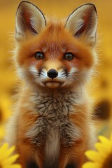 Obraz premium A small red fox sitting in a field of yellow flowers