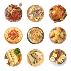 Serving boards with different dishes isolated on white, set. Top view