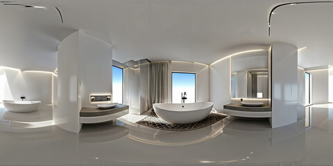 Full 360 degrees seamless spherical panorama HDRI equirectangular projection of white minimalist interior of bathroom. Texture environment map for lighting and reflection source rendering 3d scenes.