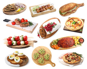 Serving boards with different dishes isolated on white, set