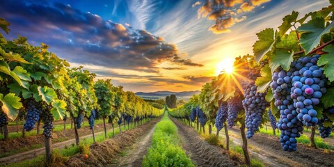 Sunset over a vineyard with rows of grapevines laden with ripe, dark purple grapes, bathed in the golden light of the setting sun