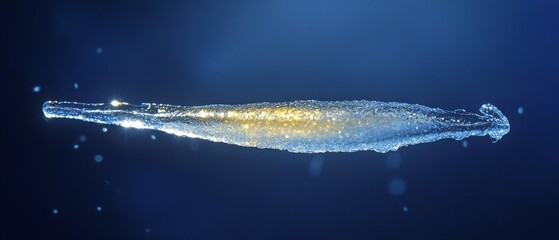 An abstract ice formation suspended against a velvet blue background sparkles with golden highlights, capturing the essence of fragile, frozen beauty.