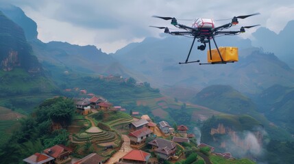Drone flies with box over mountain village. Machine carries package. Rural landscape with houses and hills. Delivery by air in nature. Drone technology transport.