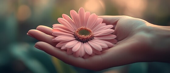 A delicate pink flower rests gently in an open palm, symbolizing nurturing and the beauty of nature's gifts.