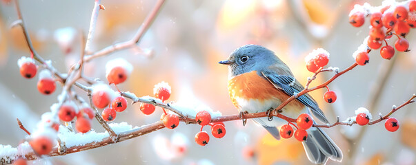 Winter scene featuring a colorful bird perched on a frost-covered branch adorned with bright red berries. The snow and warm golden light create a contrast between the cool and warm tones.