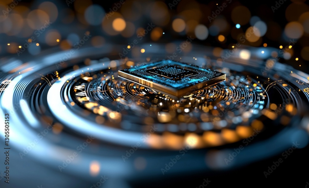 Poster the global computer network hosts a futuristic cpu with a quantum processor, visualized as a 3d illu