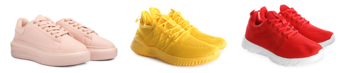 Different stylish sneakers on white background, set