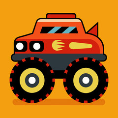 Obraz premium A bold and dynamic cartoon monster truck vector artwork with oversized wheels and a powerful design, perfect for posters, t-shirts, stickers, and digital projects.
