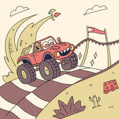 A bold and dynamic cartoon monster truck vector artwork with oversized wheels and a powerful design, perfect for posters, t-shirts, stickers, and digital projects.