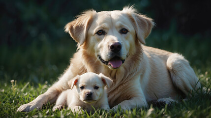 Retriever dog mum with her puppy