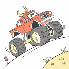 A bold and dynamic cartoon monster truck vector artwork with oversized wheels and a powerful design, perfect for posters, t-shirts, stickers, and digital projects.