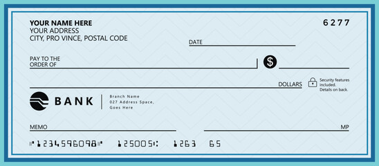 Blank money cheque. Bank check. Blue Check book template with pattern and empty fields. Currency payment coupon, US dollar check background.