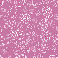 Seamless vector Easter pattern of white line art eggs with polka dots, stripes, wavy lines, and floral design patterns on a soft pink background. Gift wraps, digital wallpapers, fabric prints. EPS10
