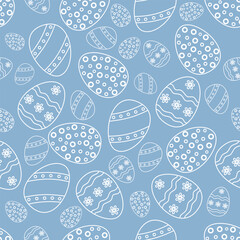 Seamless vector Easter pattern of white line art eggs with polka dots, stripes, wavy lines, and floral design patterns on a soft blue background. Gift wraps, digital wallpapers, fabric prints. EPS10