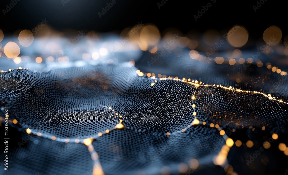 Poster a futuristic 3d illustration features a field of hexagons, with a computer from the future and objec