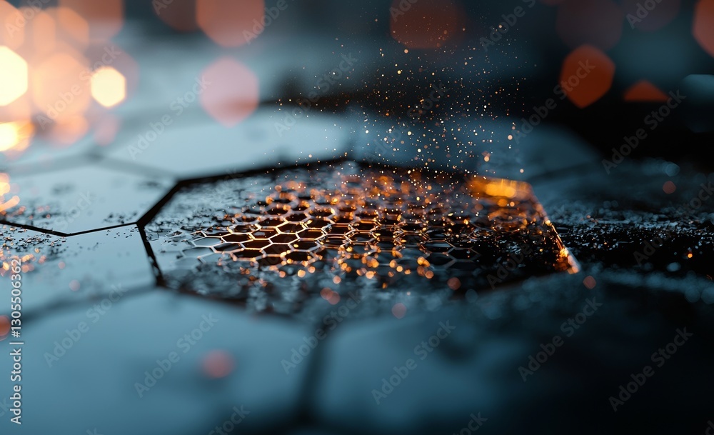 Poster in a futuristic 3d illustration, a field of hexagons is depicted with a future computer and objects 