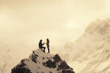 A man proposes to his girlfriend atop a snow-capped mountain, a breathtaking romantic moment.