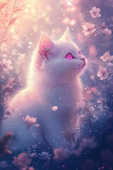 A white cat with pink eyes sitting in a field of flowers