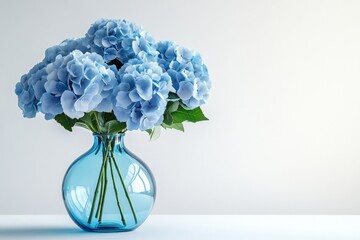 A bouquet of light blue hydrangeas in a teal glass vase against a white background.