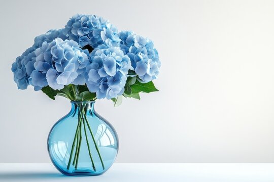 A bouquet of light blue hydrangeas in a teal glass vase against a white background.