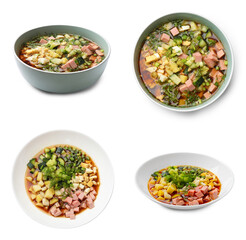 Delicious okroshka soup with kvass on white background, collage